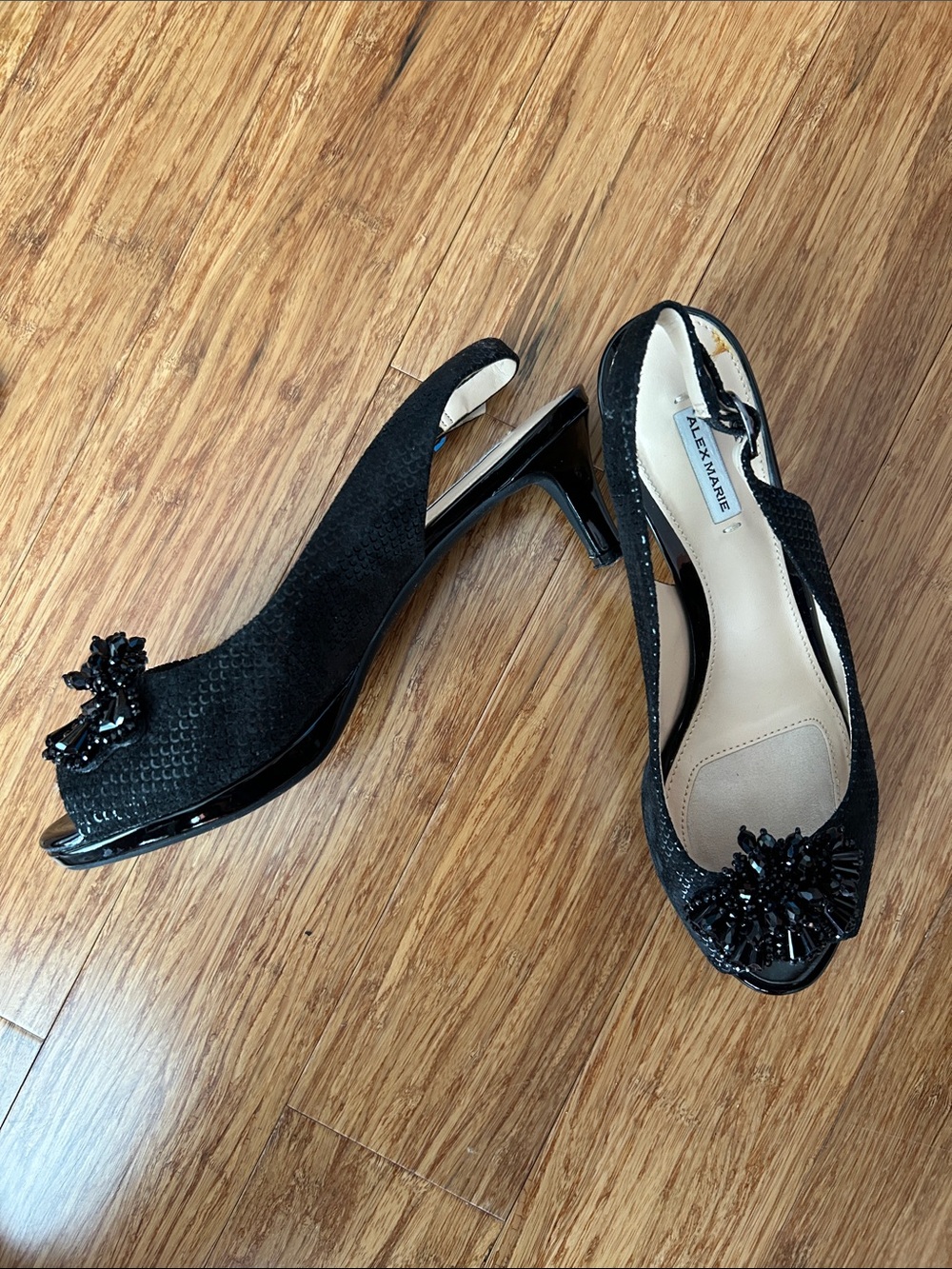 Alex Marie Peep Toe Black Beaded Slingback Kitten Heel